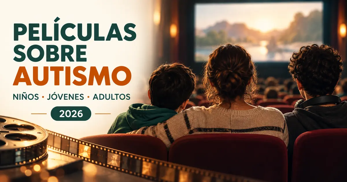 Familia observando una película en el cine, con el título “Películas sobre autismo” y recomendaciones para niños, jóvenes y adultos.