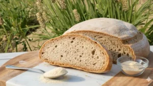 Psyllium para hacer pan, imagen mostrando la plantas y el producto final. Pan