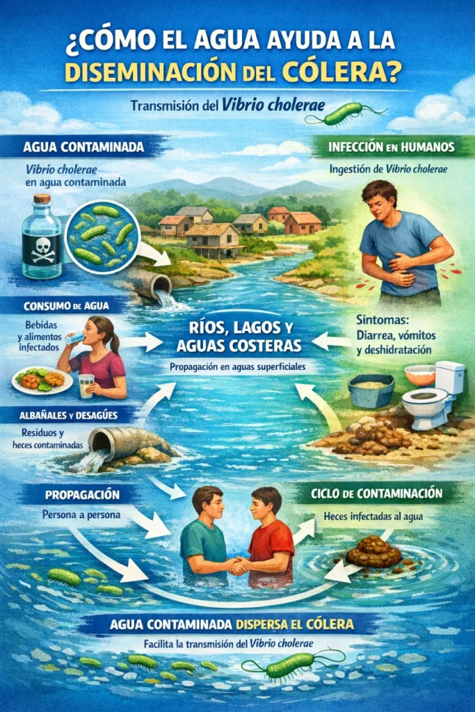 Infografía que muestra como el agua contaminada ayuda al Vibrio cholerae