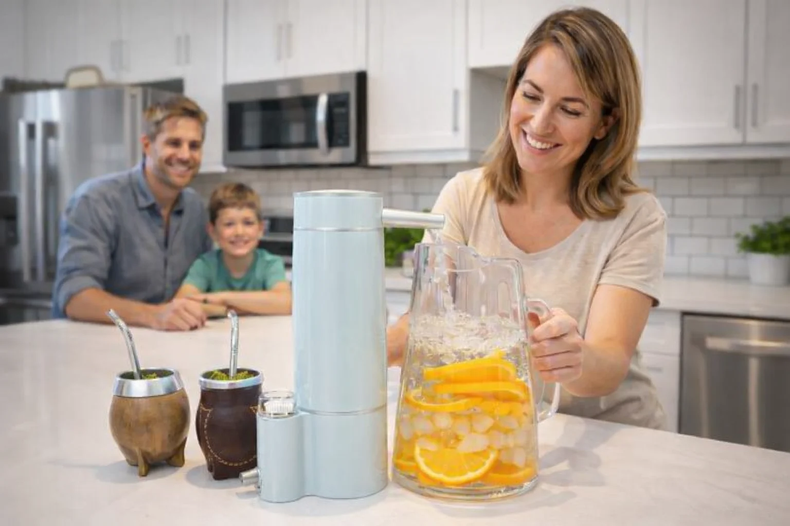 Purificador de agua, preparando mate con cítricos frescos.