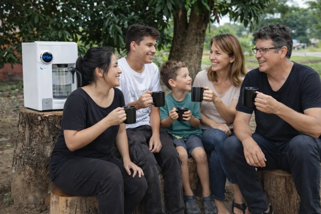 Purificador de agua. Reunión familiar al aire libre.