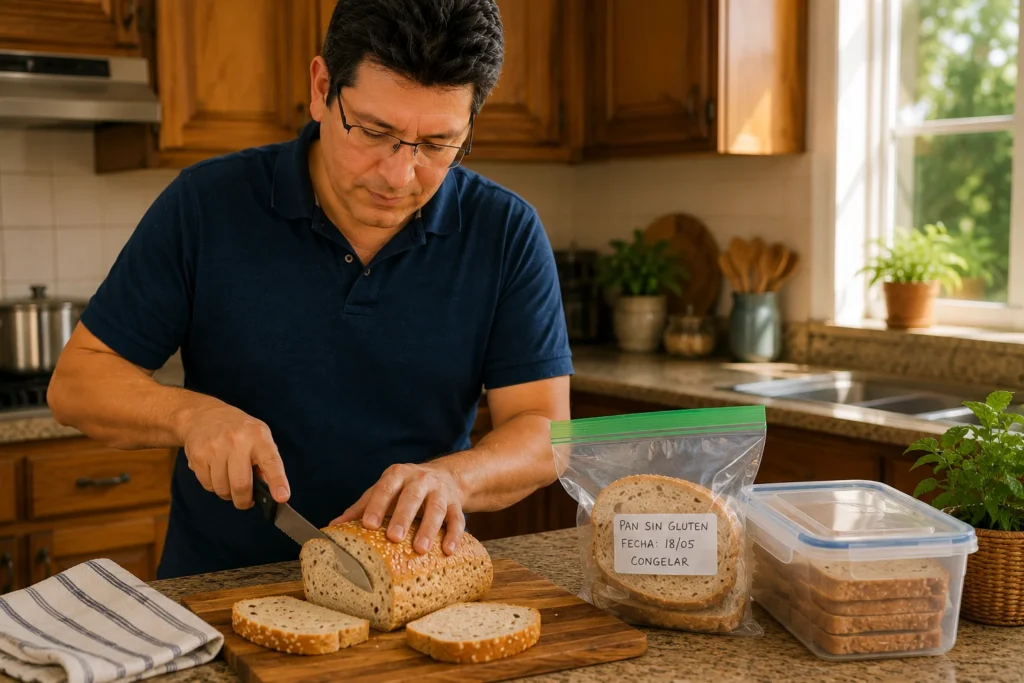 Cortando en rodajas el pan sin gluten para congelar