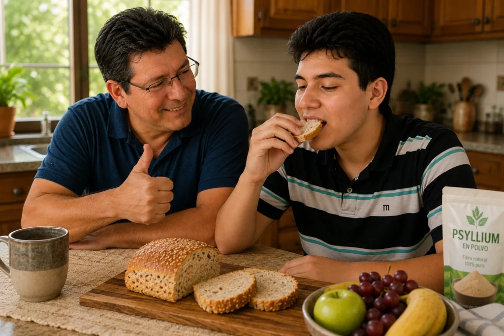 Niño disfrutando pan sin gluten durante el desayuno junto a su padre.