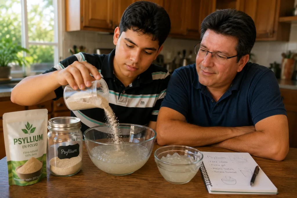 Psyllium hidratado formando un gel utilizado para preparar pan sin gluten.