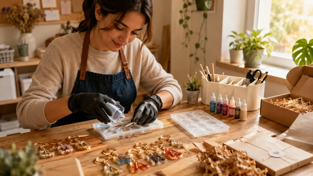 Mujer trabajando en la elaboracion de llaveros de resina epoxica