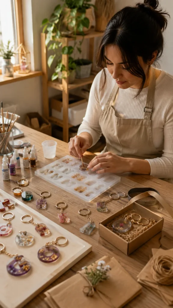 Mujer trabajando llaveros de resina epóxica