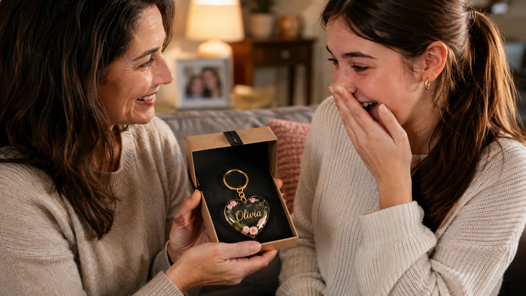 Madre dando un llavero de resina epoxica de presente a su hija.