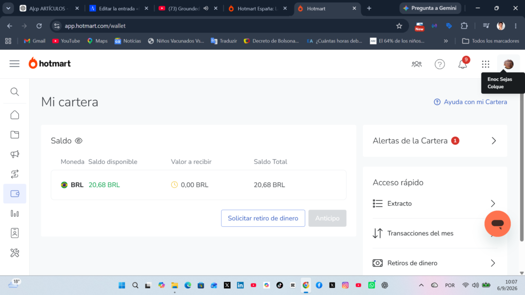 Saldo de R$ 20,68 en Hotmart, ejemplo de ingresos reales guardados por el autor