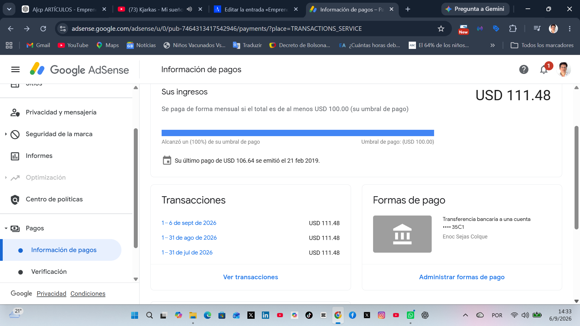 Como ganhar dinheiro na internet em 2026: por onde começar de verdade 4 Receita e pagamento do Google AdSense usados como registro da monetização do A|cp