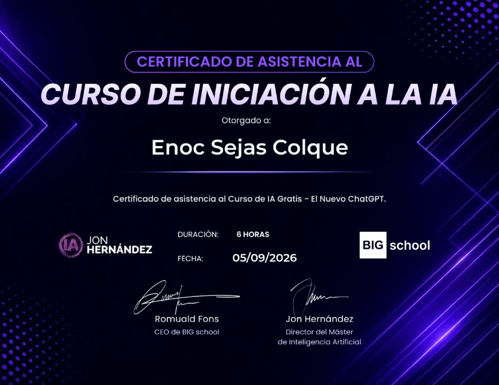 Certificado del Curso de Iniciación a la IA de 6 horas completado por Enoc Sejas Colque en septiembre de 2026