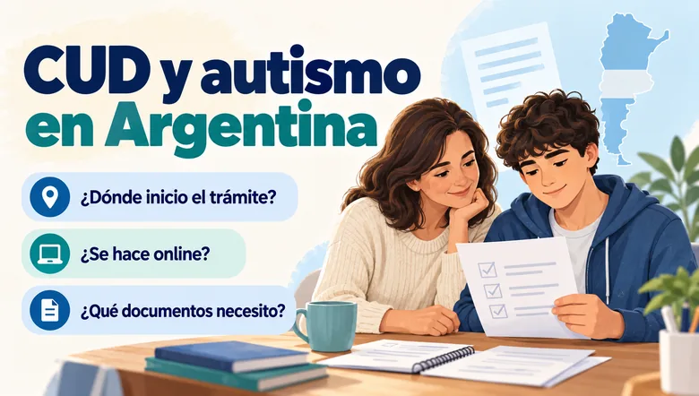 Ilustración de una familia que revisa documentos para solicitar el CUD por autismo en Argentina
